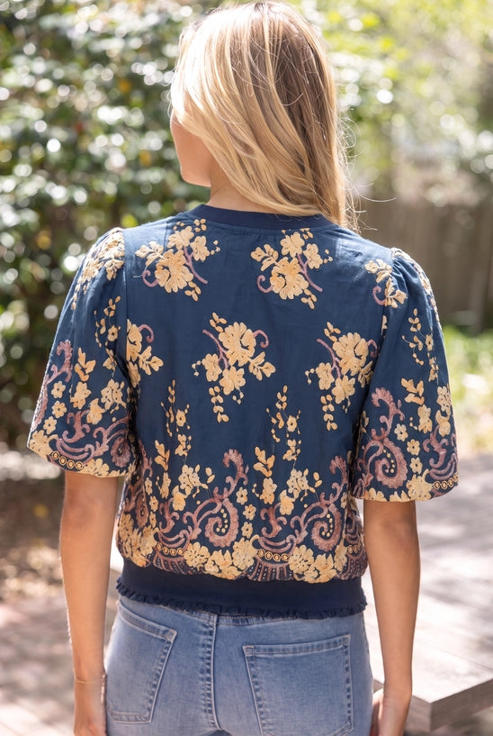 Floral Embroidered Boarder Print Rib Band Top