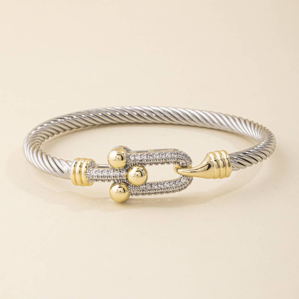 Two Tone Cable Cuff Bracelet With Cz Buckle