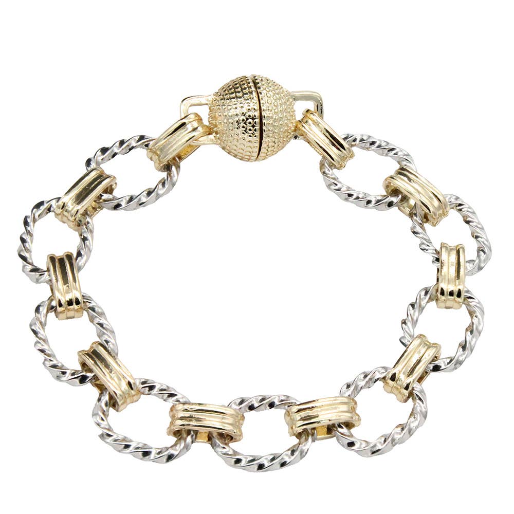 Two Tone 14K Gold Plated Magnetic Ball Closure Bracelet