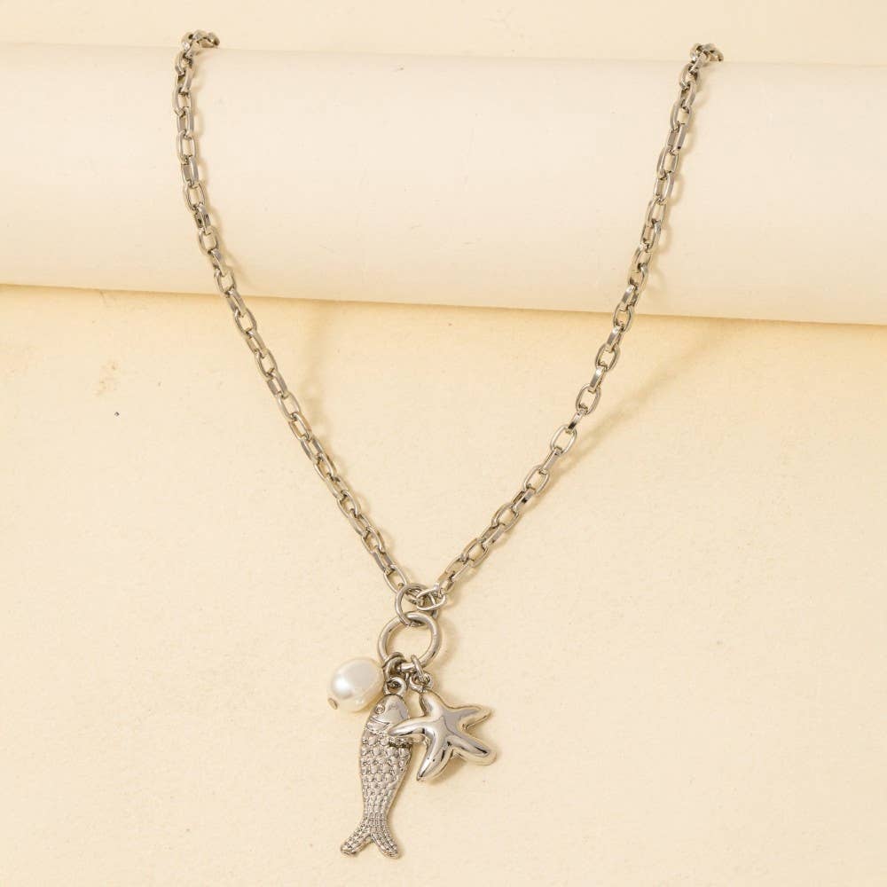 Fish Pearl And Starfish Pendants Necklace