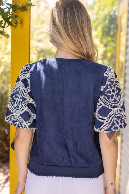 Navy Floral Eyelet Crochet Bubble Sleeve Suede Top