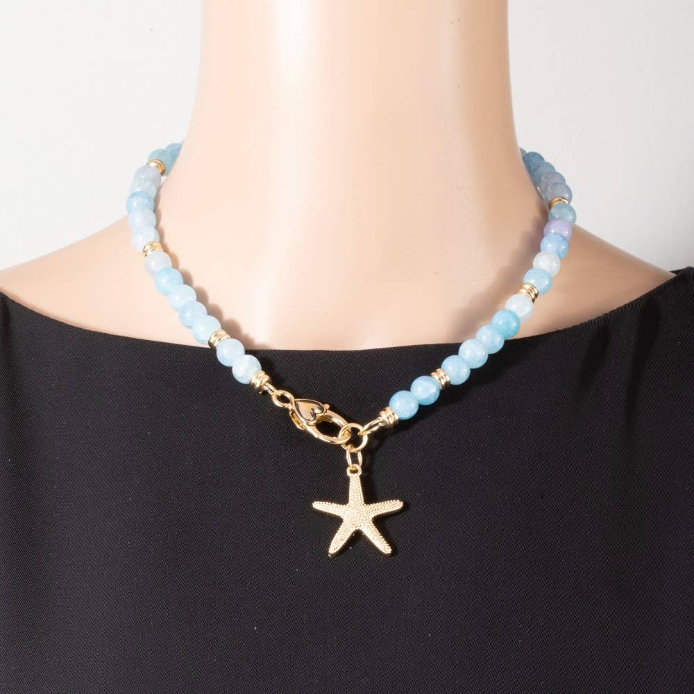 Blue Starfish Charm And Heart Clasp Glass Beaded Necklace