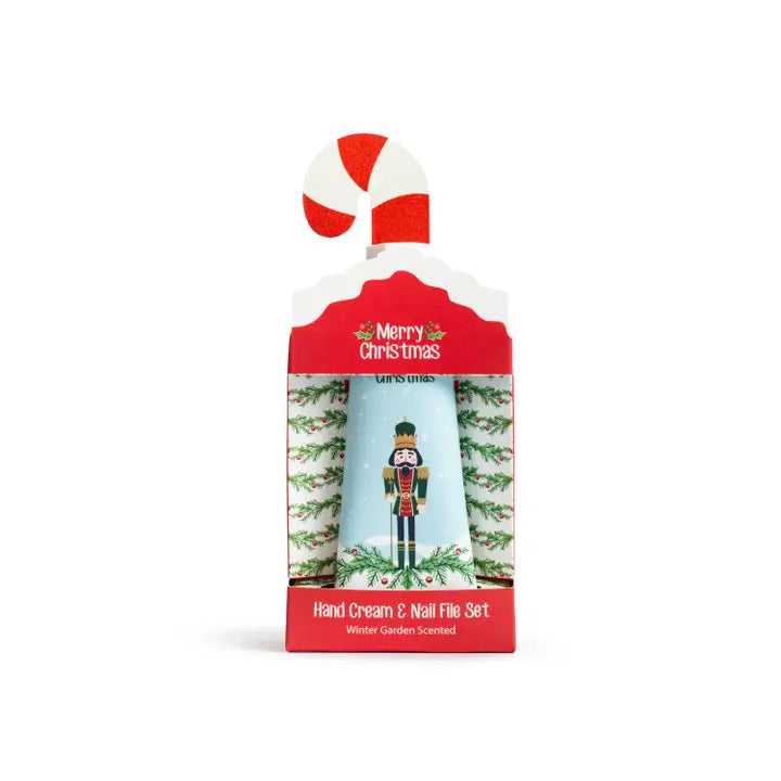 Nutcracker and Holly hand cream and nail file set in red and multicolor packaging
