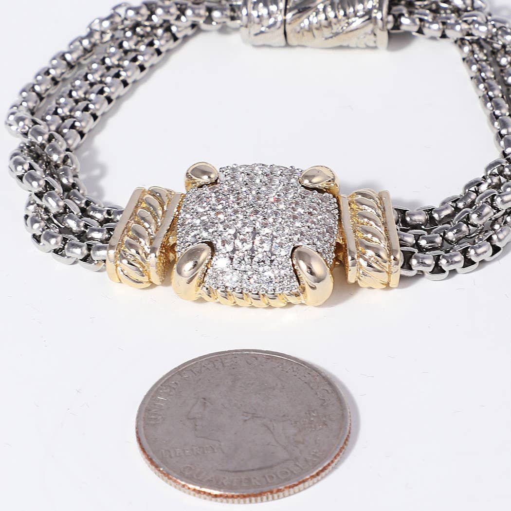 CZ Bar Charm 3 Layered Box Chain Bracelet