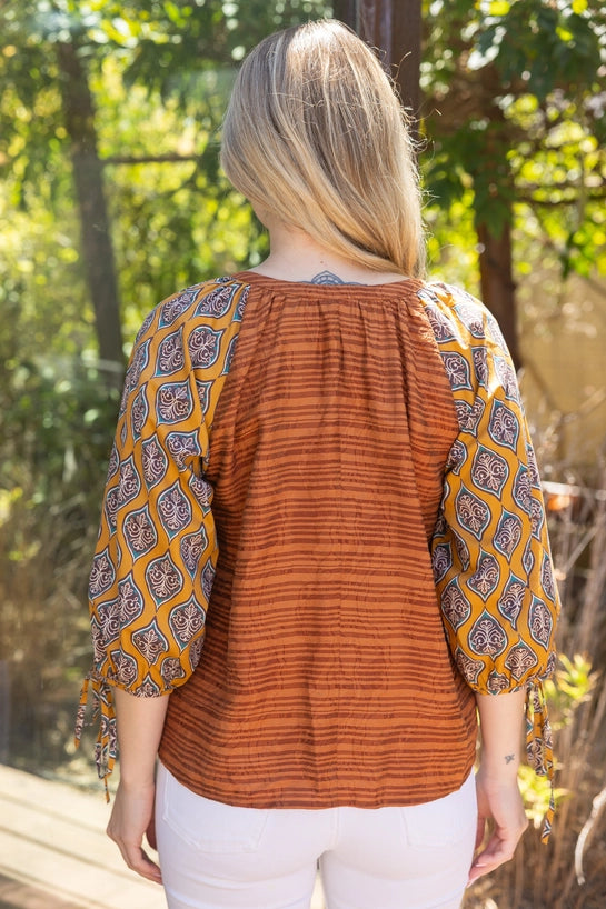 Brown Mixed Print V Neck Raglan Sleeve Top