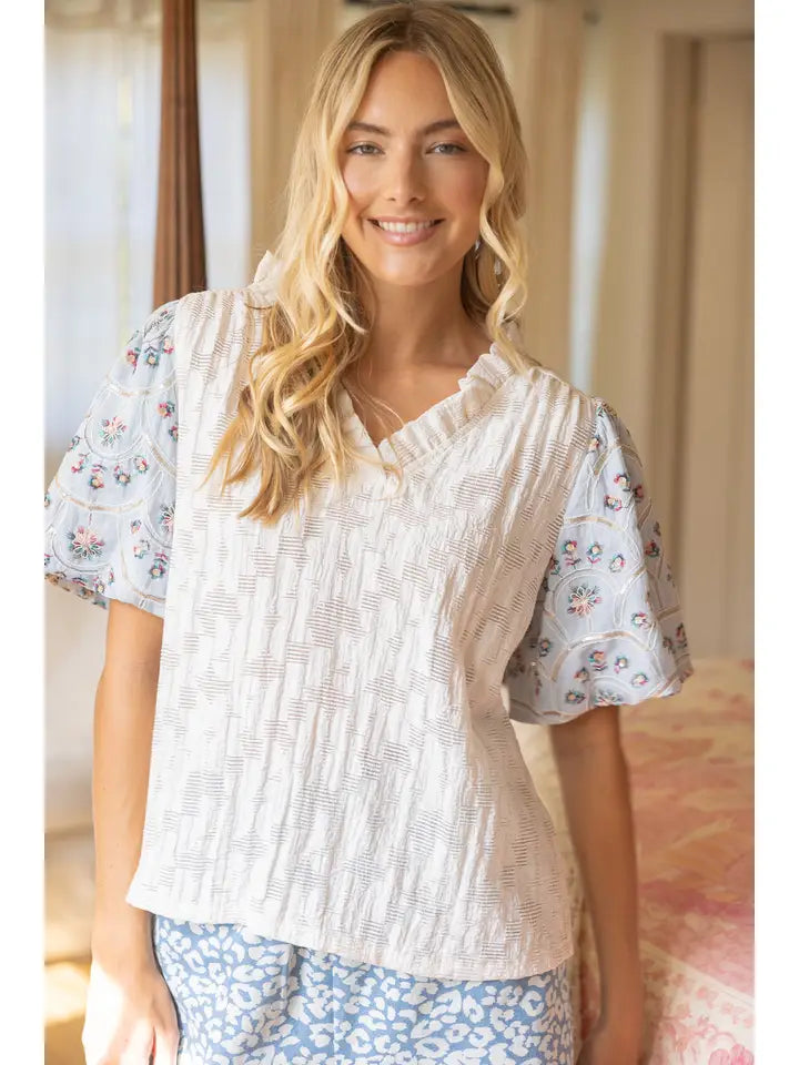 Cream Floral Embroidered Sequin Sleeve Ruffled V Neck Top