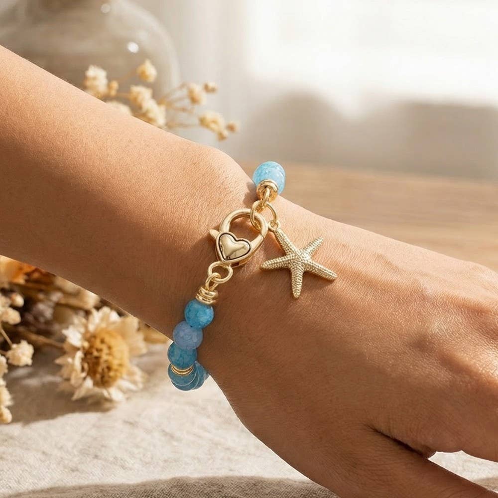 Blue Starfish Charm And Heart Clasp Glass Beaded Bracelet