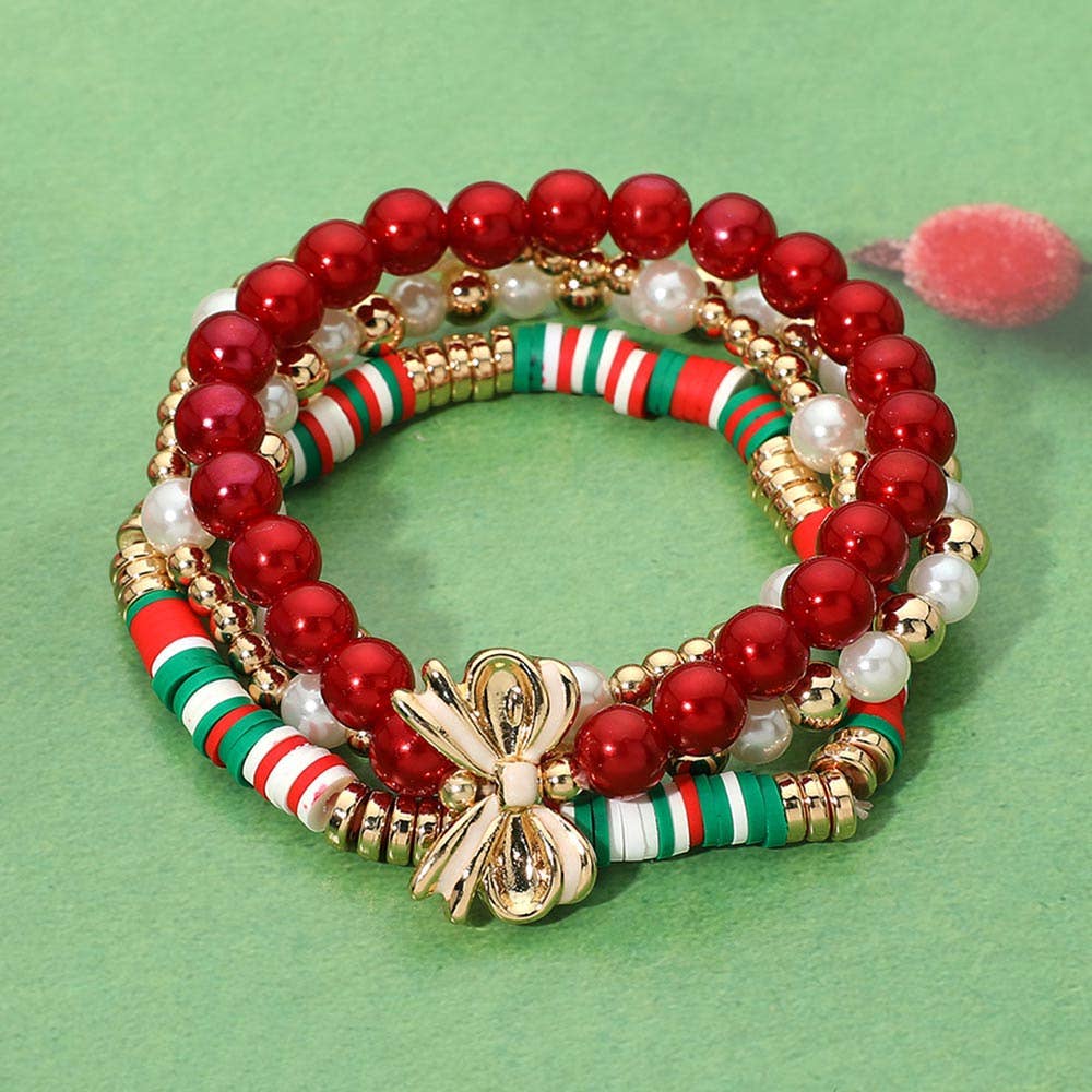 4PCS - Christmas Bow Pearl Heishi Beaded Stretch Multi Layered Bracelets
