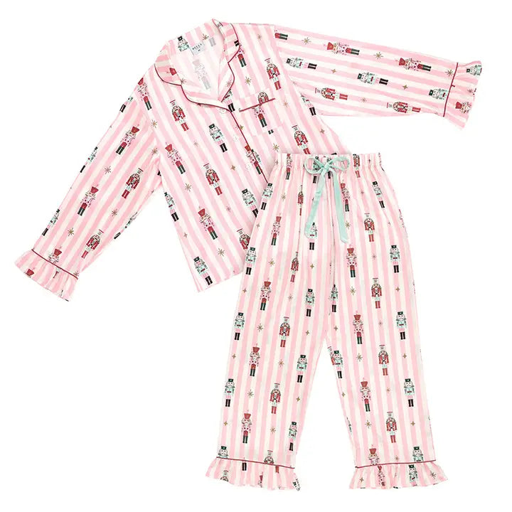 Ruffled Pj Set with Velvet Tie - Pink Stripes + Nutcrackers