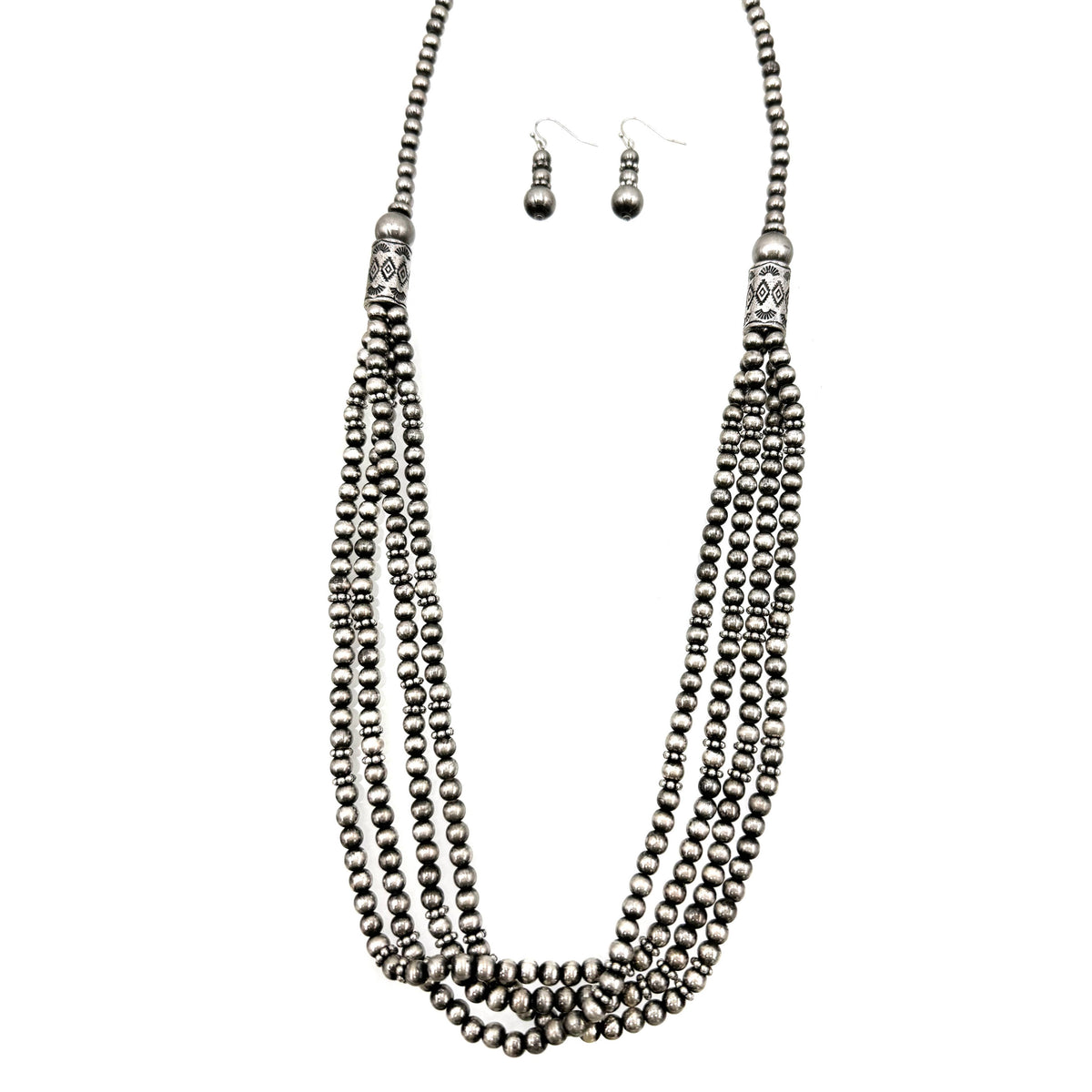 Silver Turquoise Layer Beads Long Necklace Earrings Set