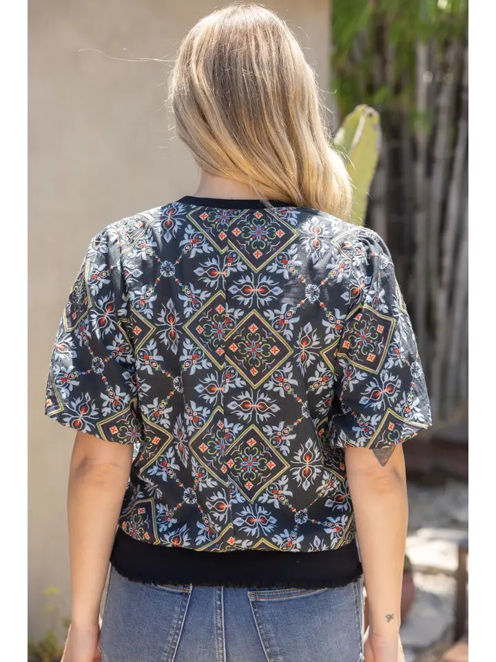 Black Band Detail Ornamental Tile Embroidered Print Top