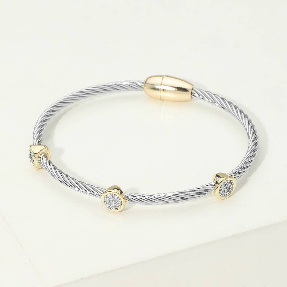 14K Gold Plated Round CZ Bezel Around Twisted Magnetic Bangle Bracelet