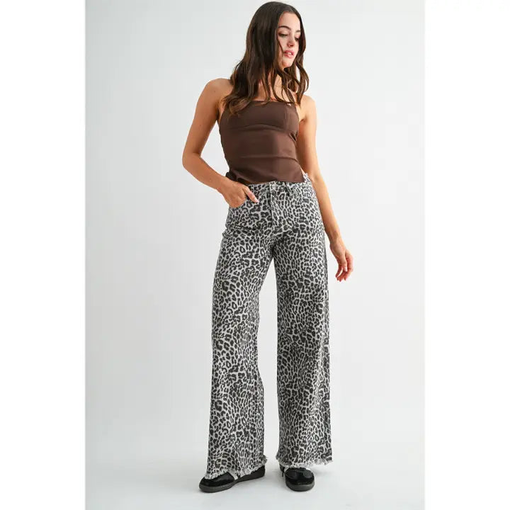 High-Rise Wide Leg Frayed Hem Leopard Jeans