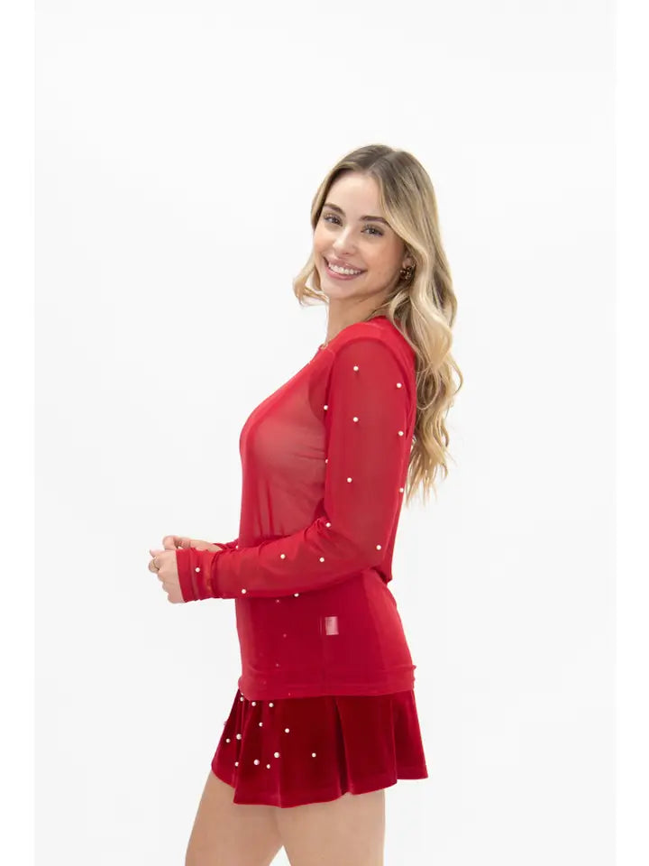 Mesh Long Sleeve Top with Pearls Detail