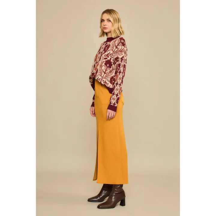 Wine Floral Tapestry Motif Knit Sweater