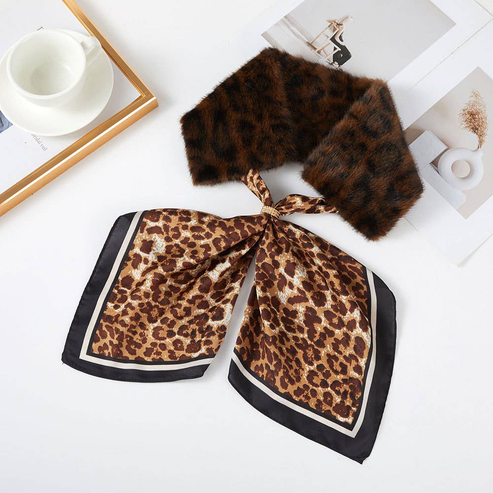 Plush Faux Fur Collar Leopard Print Tie Winter Scarf