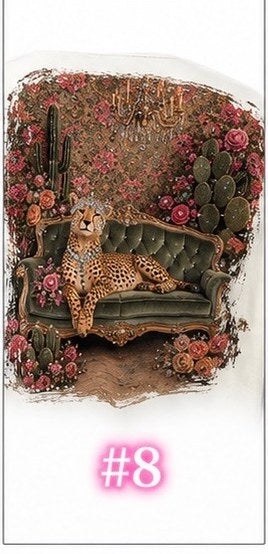 Bling tee design #8 — cheetah lounging on a green velvet couch with cactus and pink flowers
