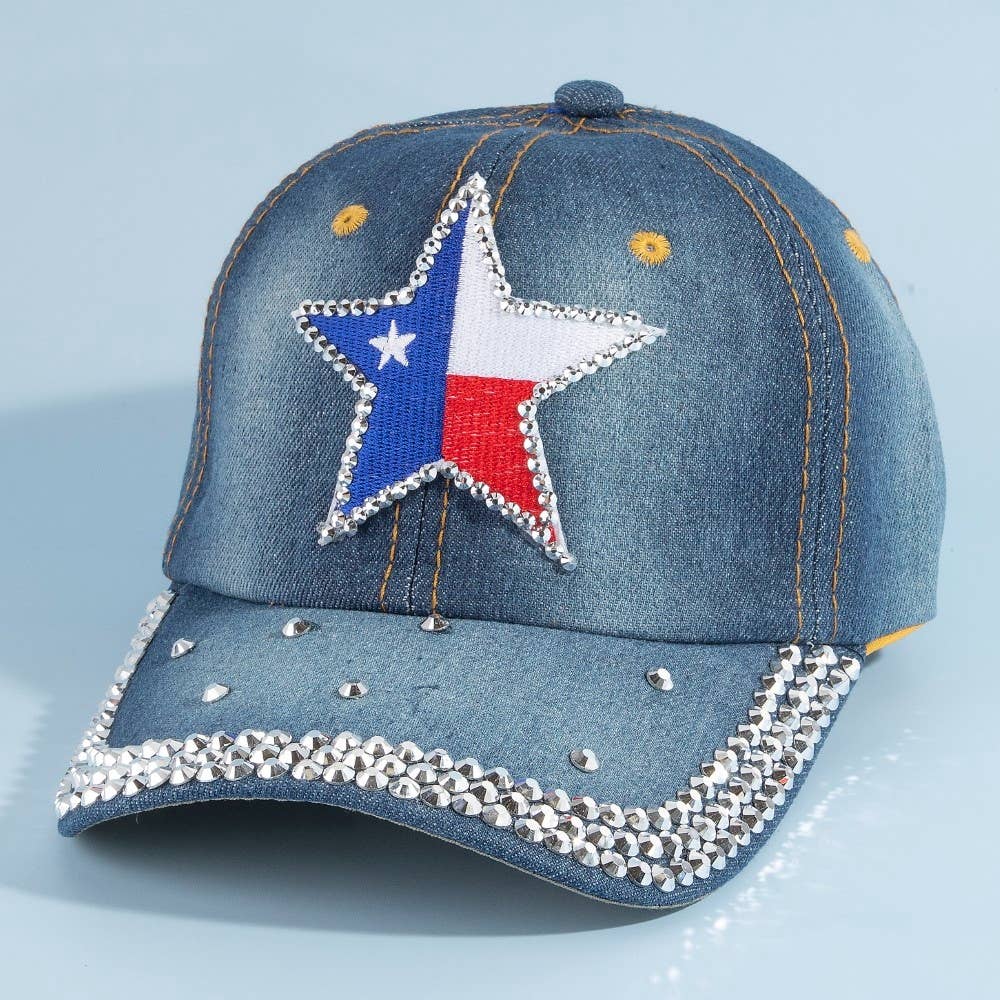 Texas Star Rhinestone Patch Baseball Cap With Crystal Brim