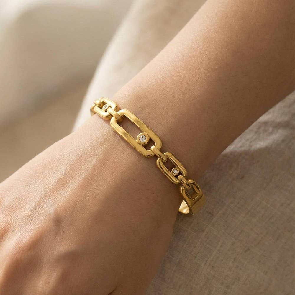 Stainless Steel Chain Link Crystal Accent Hinged Bangle