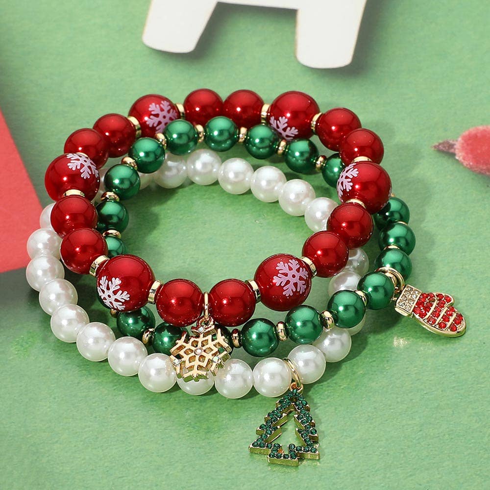 3PCS - Christmas Charm Pearl Snowflake Ball Beaded Stretch Multi Layered Bracelets