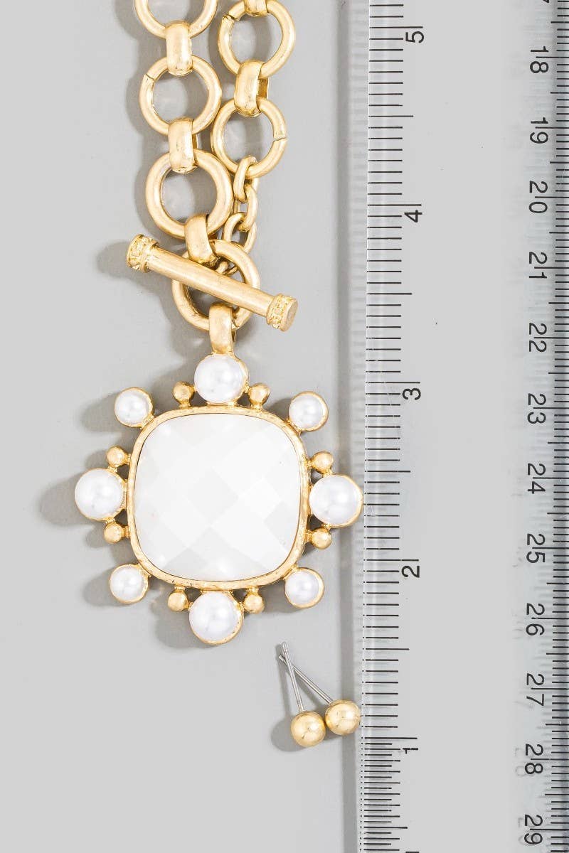 Chain Link Faceted Square Stone Pendant Necklace Set