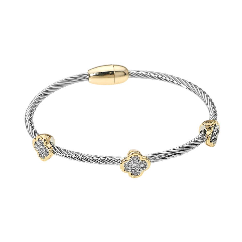 14K Gold Plated Two Tone CZ Pave Quatrefoil Bezel Station Twisted Cable Magnetic Bracelet
