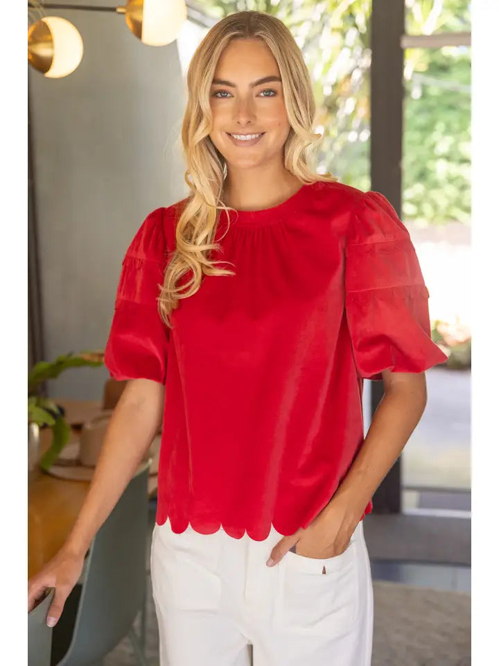 Scalloped Hemline Bubble Sleeve Solid Corduroy Top