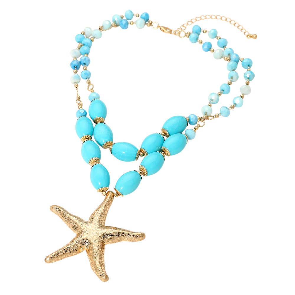 Textured Metal Starfish Pendant Stone Beaded Statement Necklace