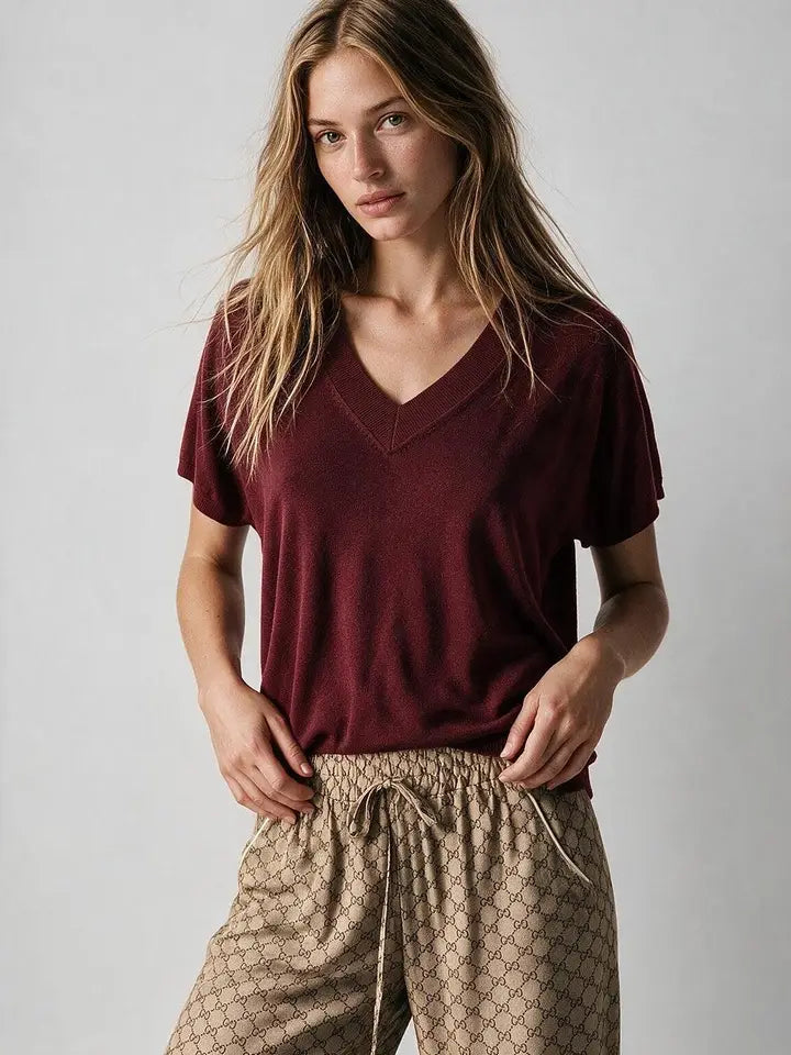 Fine-Knit V-Neck Sweater with Short Dolman Drop-Shoulder Sleeves