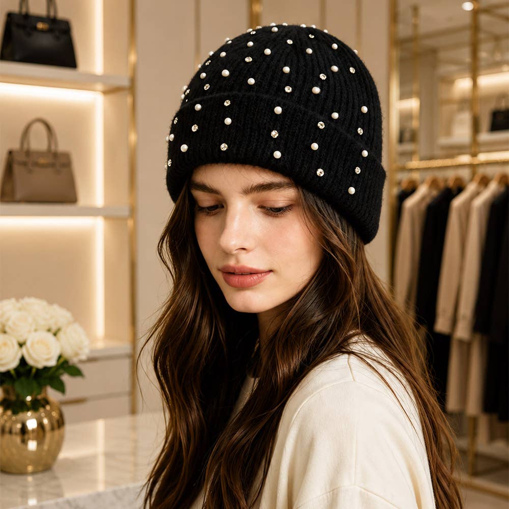 Rhinestone Pearl & Crystal Cuffed Beanie