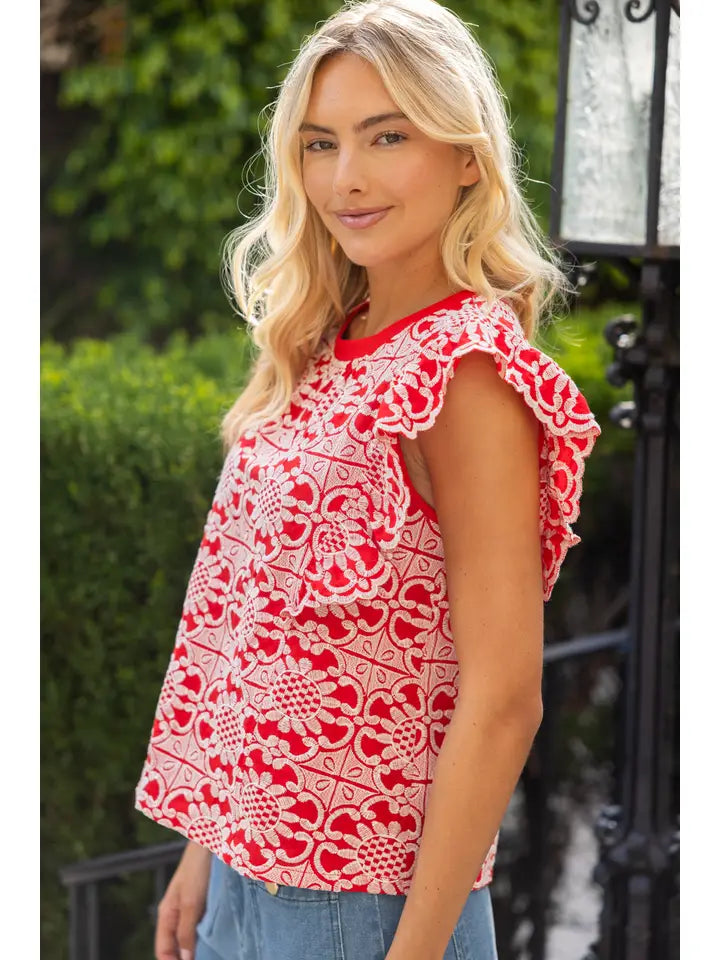 Red Scallop Ruffle Detail Floral Embroidered Top