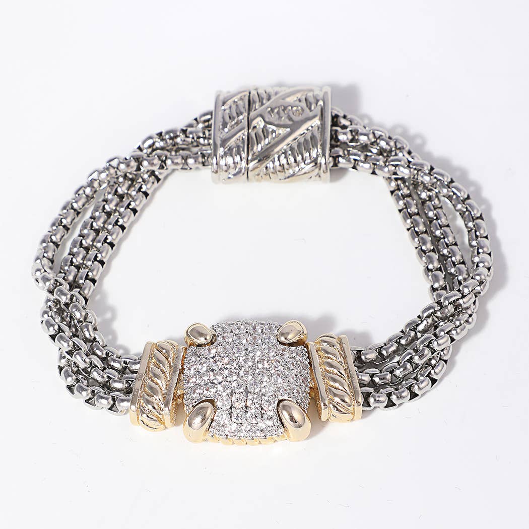 CZ Bar Charm 3 Layered Box Chain Bracelet