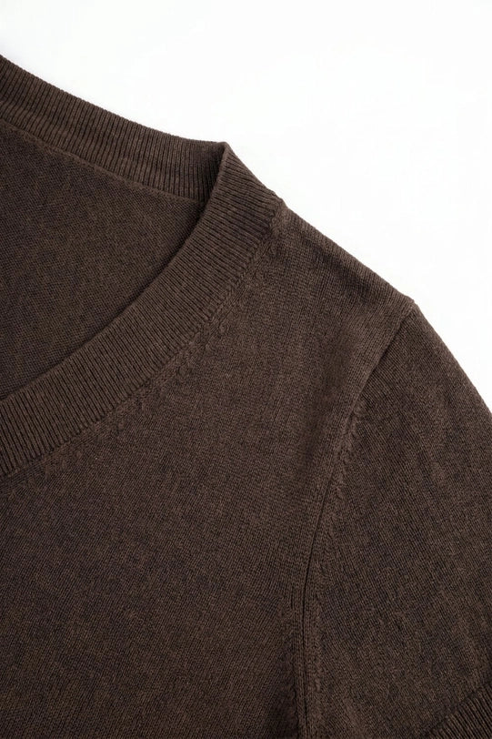 Fine-Knit V-Neck Sweater with Short Dolman Drop-Shoulder Sleeves