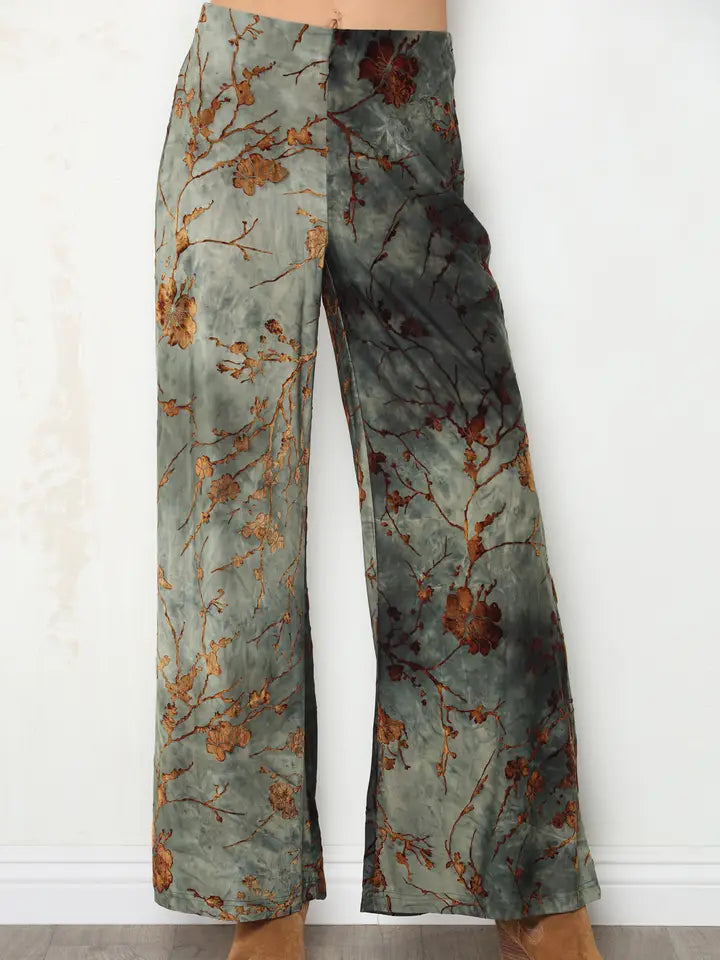 Olive Flocked Ity Wide Leg Palazzo Pant