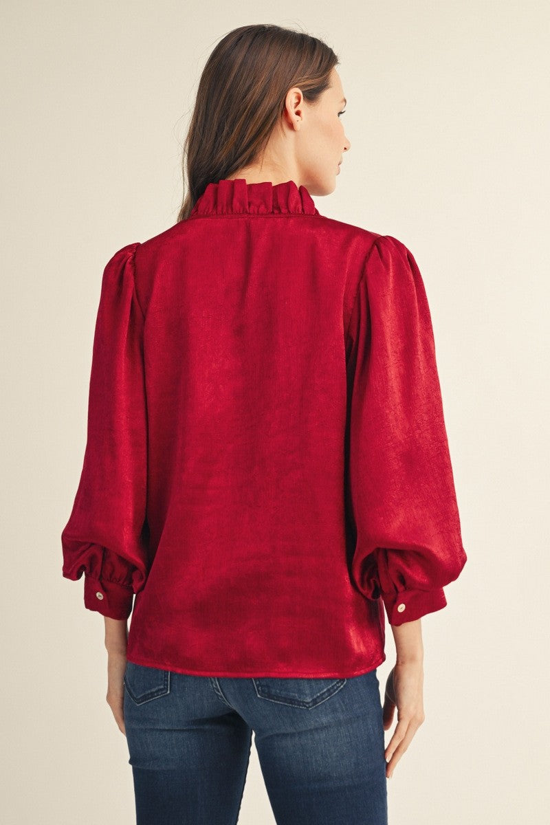 Burgundy Ruffled Neckline Button Down Metallic Blouse