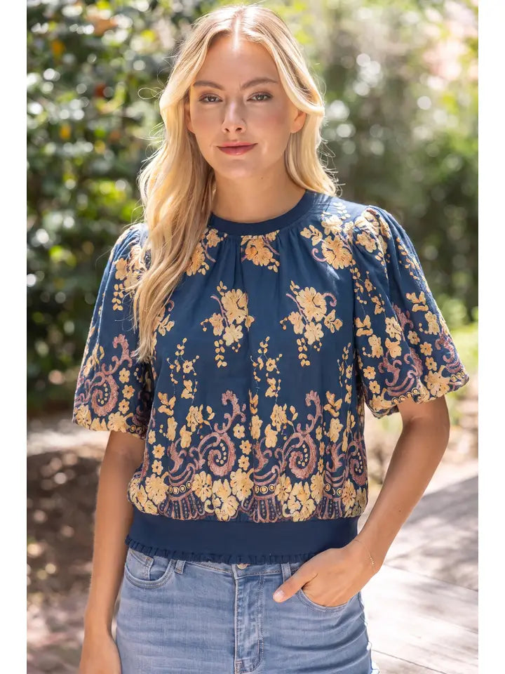 Floral Embroidered Border Print Rib Band Top