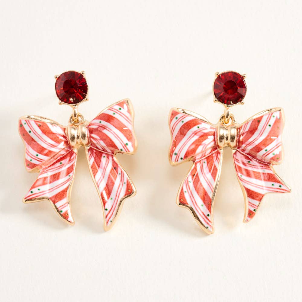 Christmas Candy Cane Bow Drop Dangle Earrings
