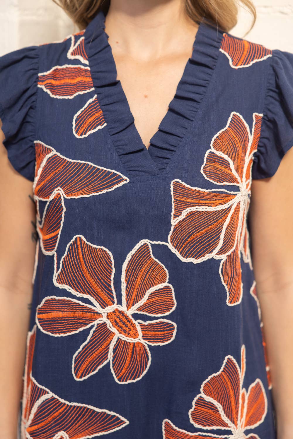 Ruffled V Neck Floral Embroidered Shift Dress