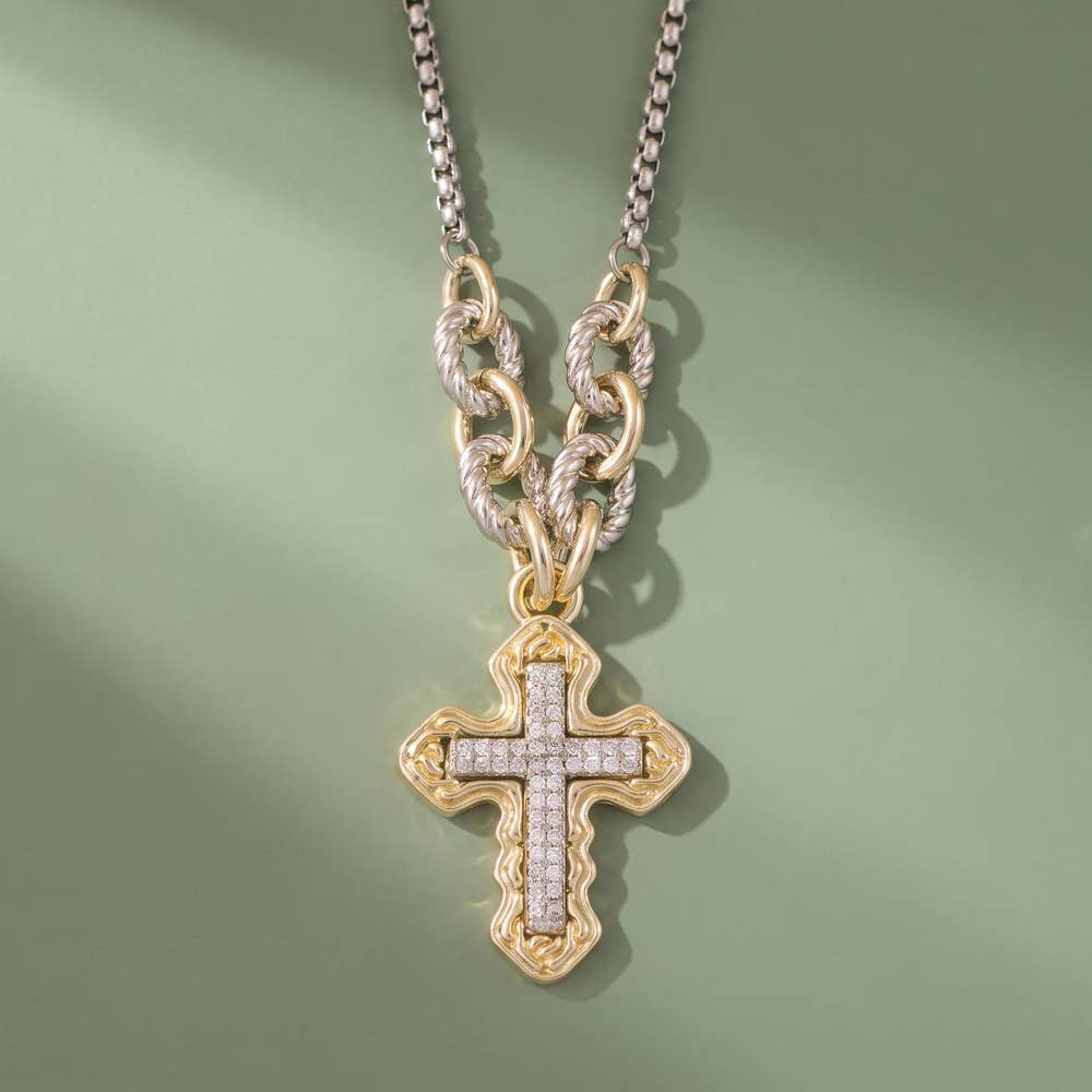 Two Tone Cross Pendant Necklace With Cz Pave