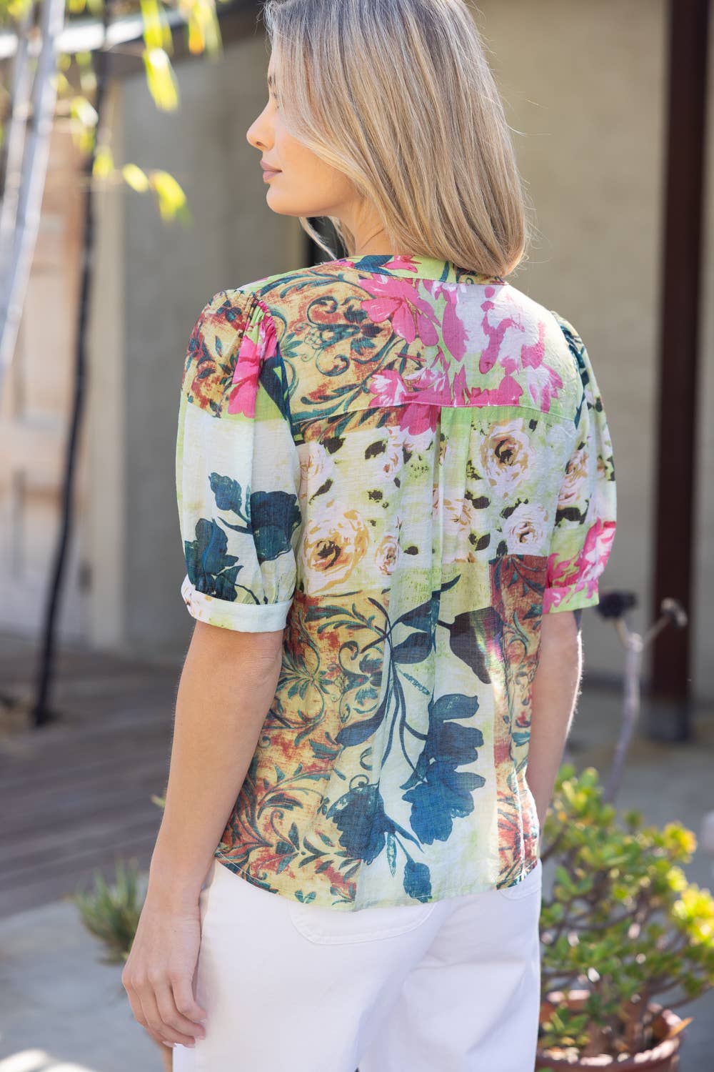 Green Floral Button Down Short Puff Sleeve Top