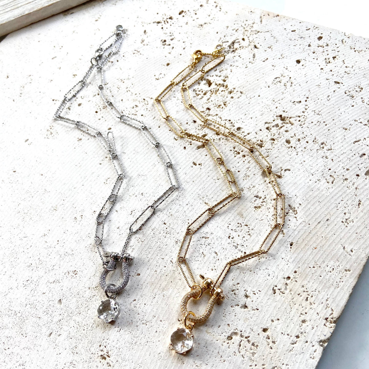 Gold Tone Diamond Cut Chain Pave Carabiner Necklace