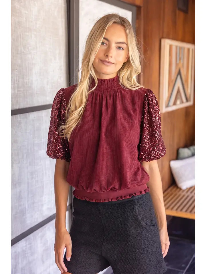 Burgundy Smocked Neck Sequins Bubble Sleeve Top