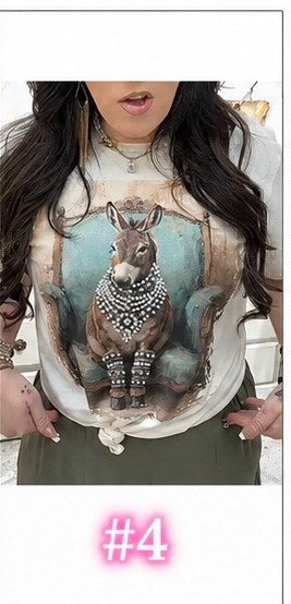 Bling tee design #4 — model wearing the tee: donkey in pearls on a turquoise chair