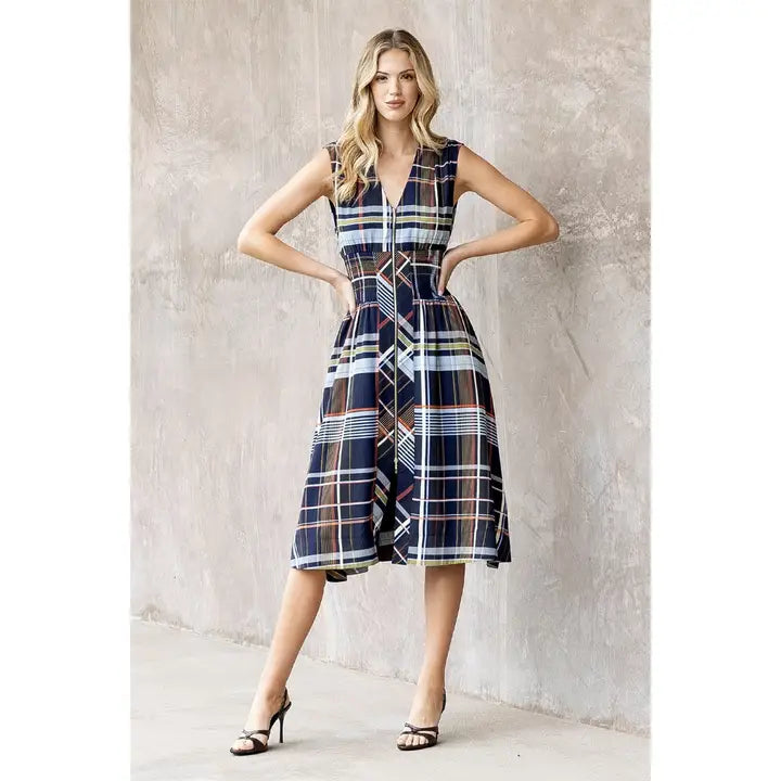 Navy Plaid Zipper Front Midi Dress