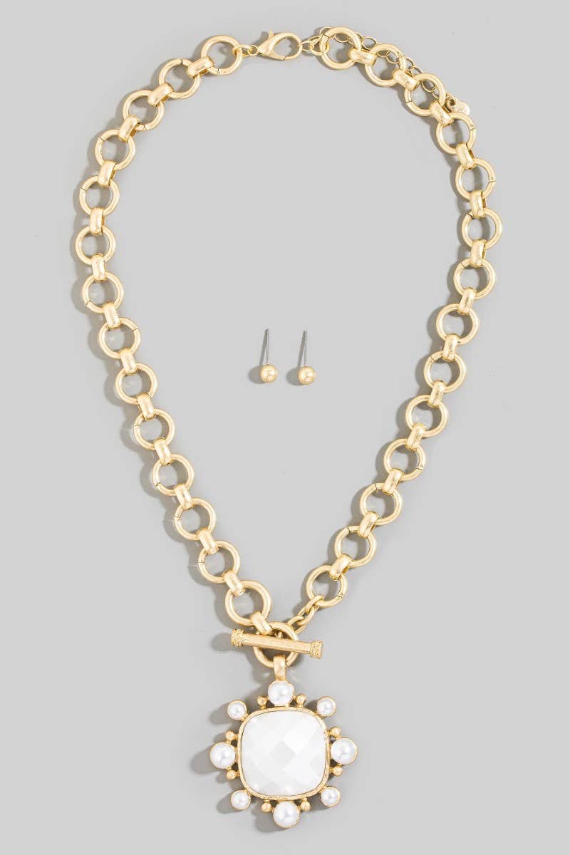 Chain Link Faceted Square Stone Pendant Necklace Set
