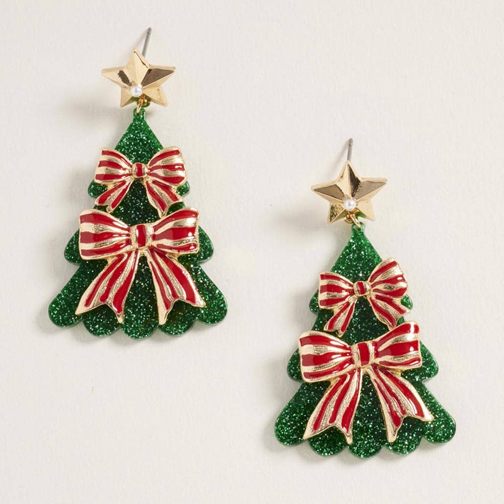 Star Bow Embellished Christmas Tree Charm Drop Earrings