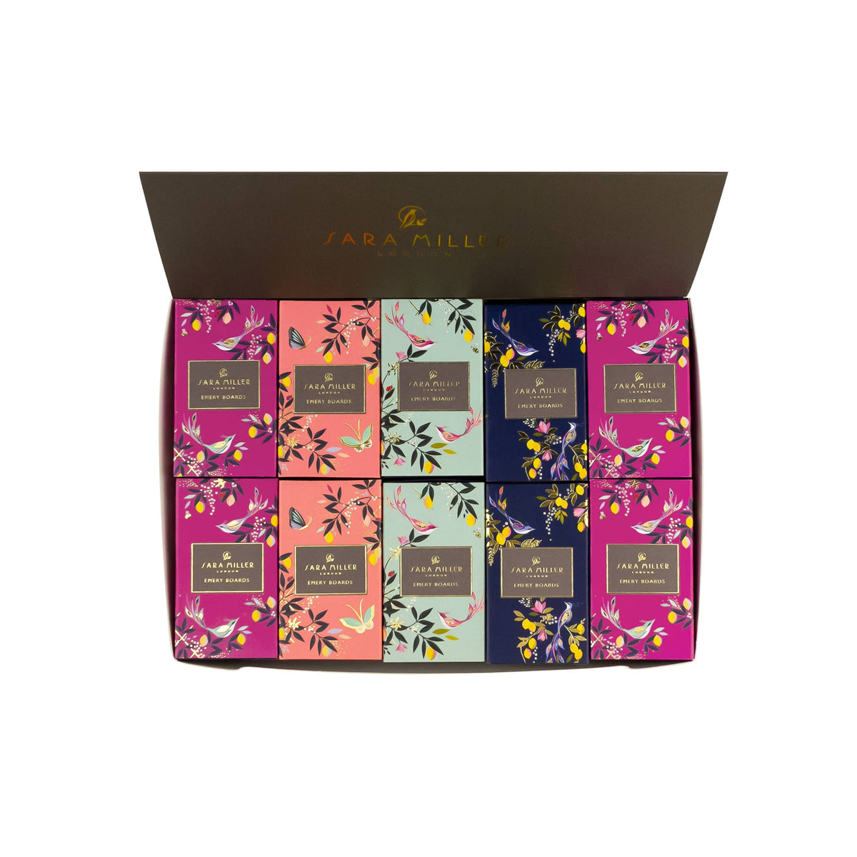 Sara Miller mini emery board matchboxes in pink, coral, duck-egg blue and navy — view 2