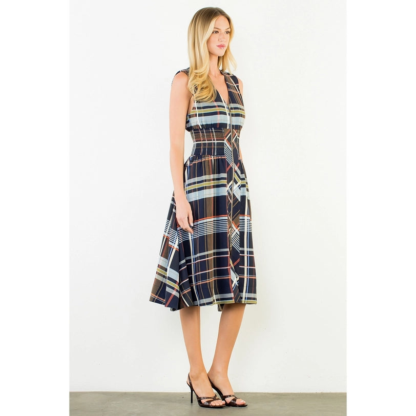 Navy Plaid Zipper Front Midi Dress