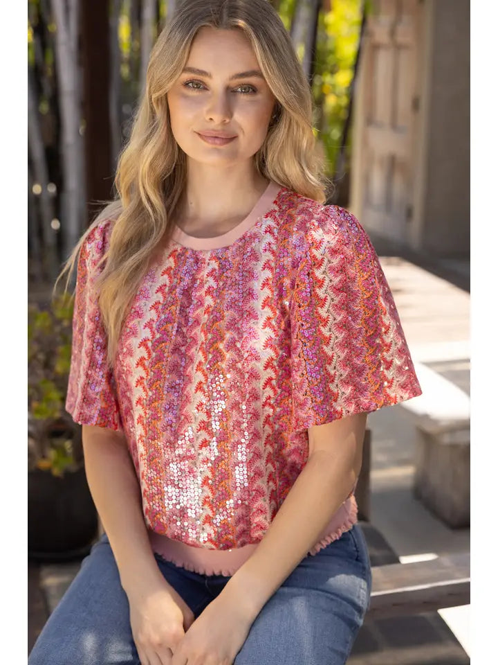 Coral Ribbed Knit Band Detail Vertical Stripe Sequins Top