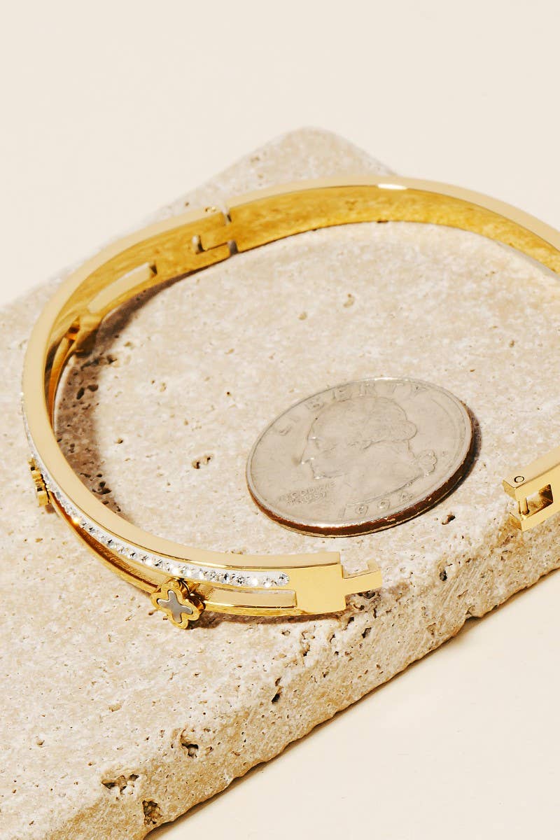 Stainless Steel Triple Clover And Pave Row Hinge Bangle Bracelet